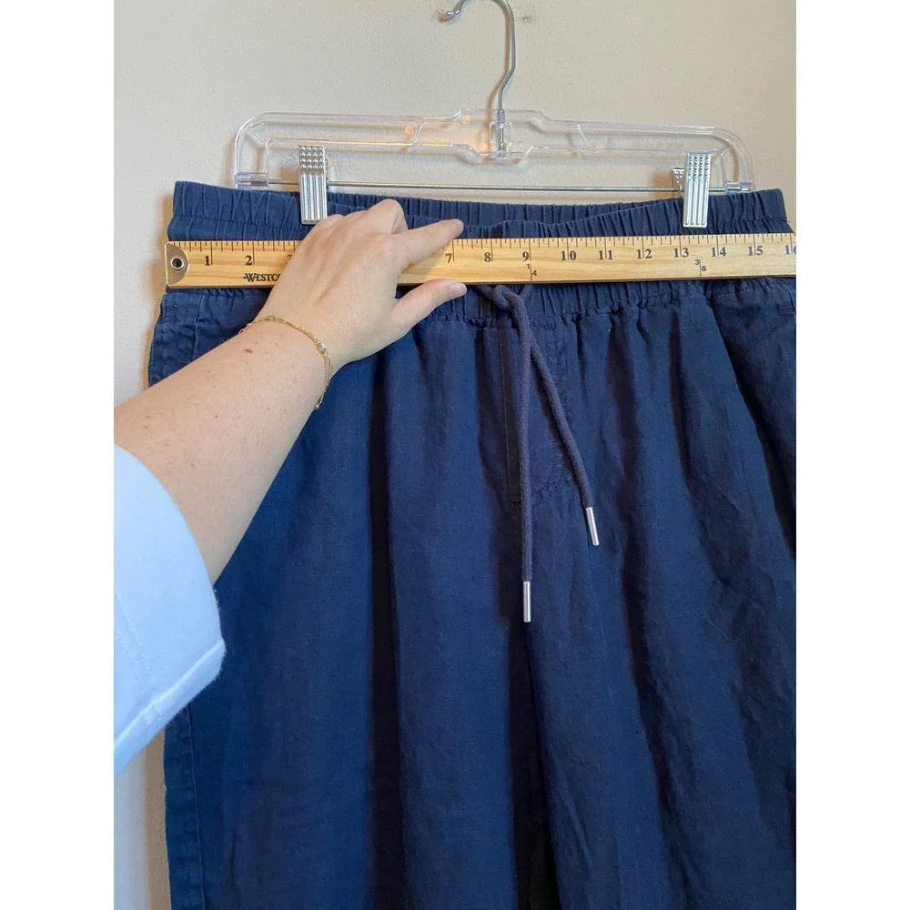 Quince Navy Blue 100% Linen Wide Leg Drawstring Elastic Waist Pants Womens L - Picture 3 of 5